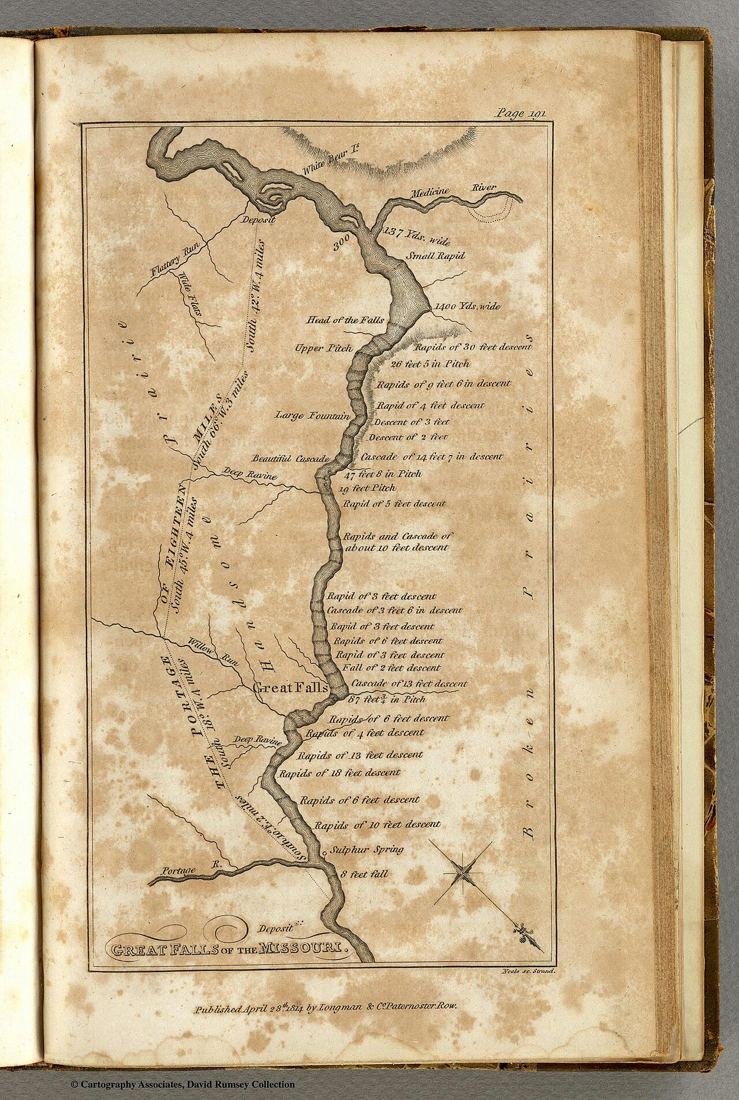 Map of the Great Falls of the Missouri published in 1814 with the Lewis and Clark journals
