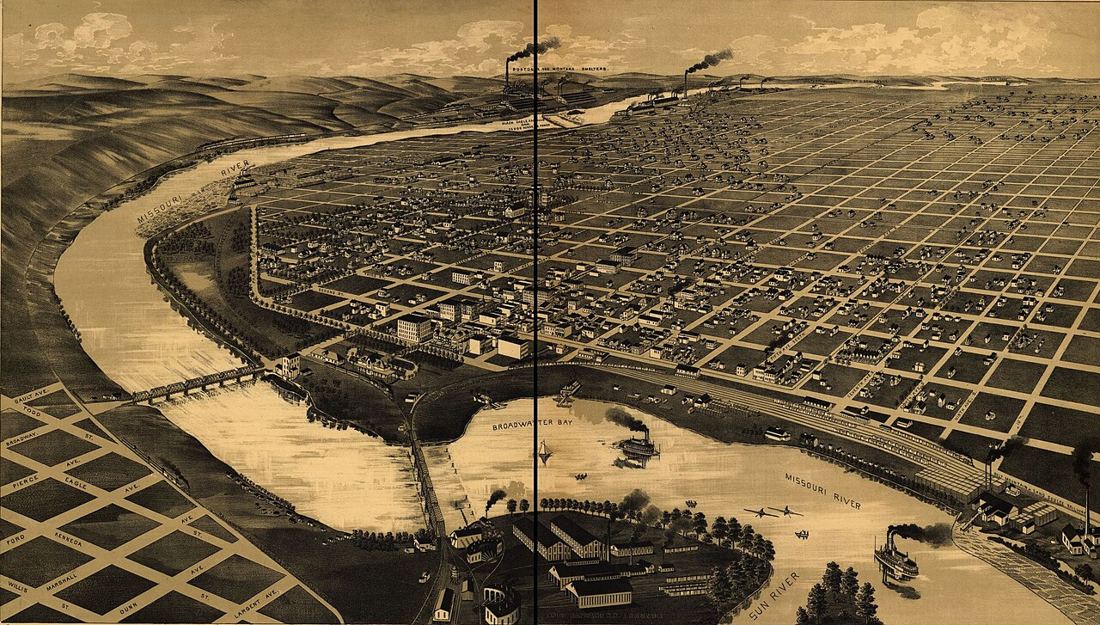 1891 bird's-eye view map of Great Falls, Montana