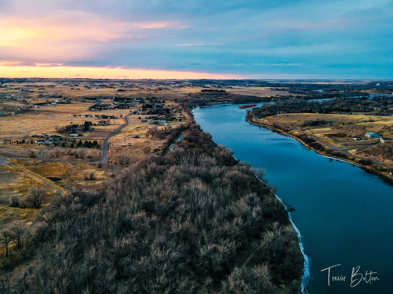 Sunset over the Missouri River near Great Falls, drone photo by Trevor Bolton